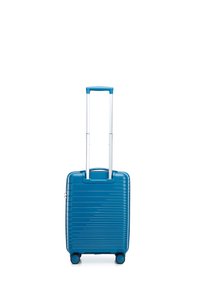 Hard-shell suitcase in vibrant blue with horizontal grooves, retractable aluminum handle, and four black wheels for mobility.
