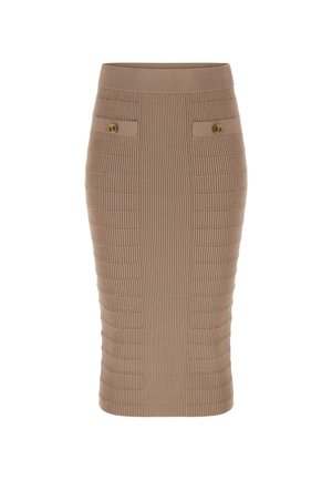 Beige ribbed pencil skirt with a fitted silhouette, textured pattern, two front pockets, and gold button accents. Made from a stretchy fabric.