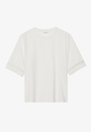 White short-sleeve t-shirt made from cotton, featuring decorative lace trim along the sleeves and a round neckline.