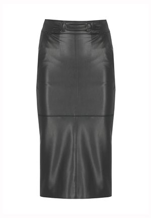 Gonna a matita nera in finta pelle a vita alta con cuciture frontali e una fibbia rettangolare con il marchio sulla cintura.