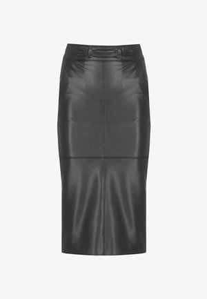 Gonna a matita nera in finta pelle a vita alta con cuciture frontali e una fibbia rettangolare con il marchio sulla cintura.