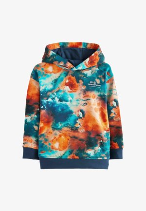 Hoodie met een abstract ontwerp in oranje, blauw en teal kleuren. Gemaakt van zacht materiaal; inclusief een kangoeroe-zak en ribgebreide boorden.