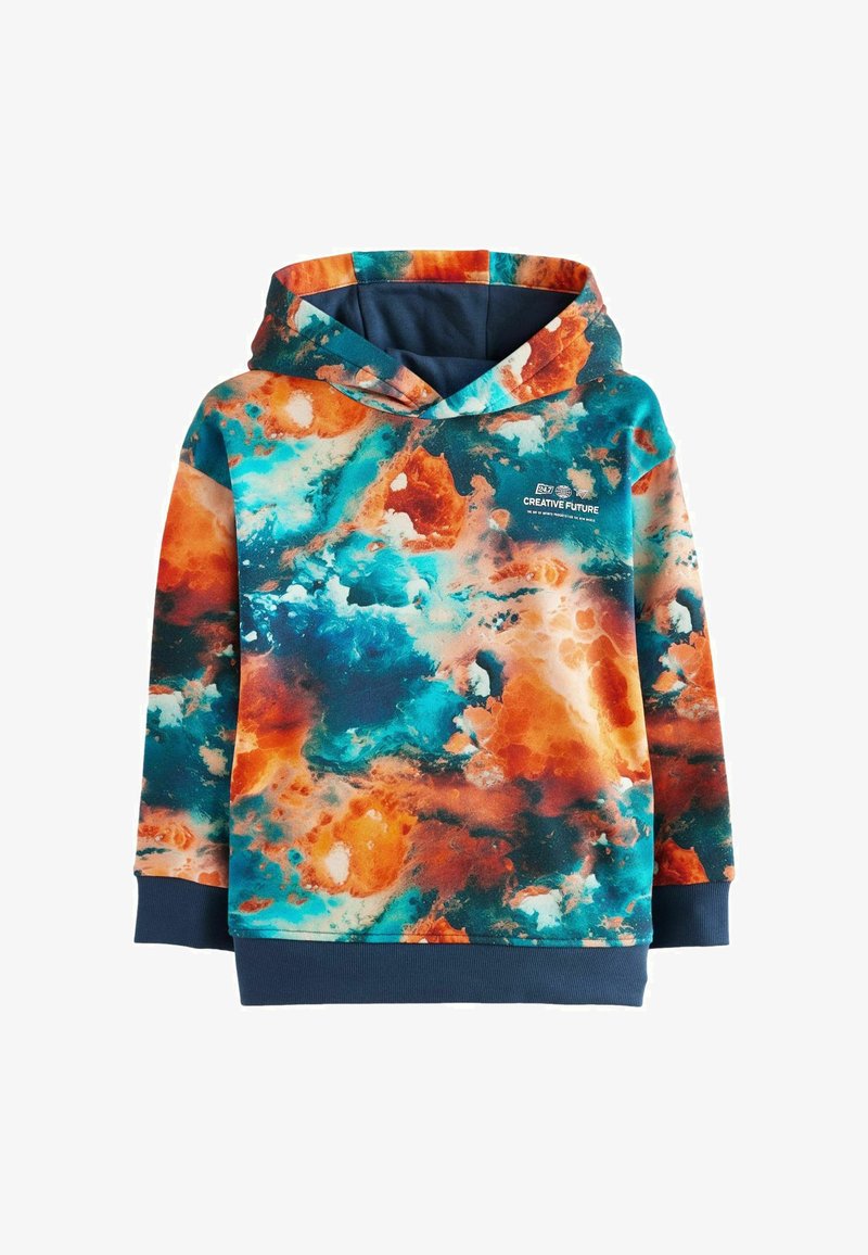 Hoodie med et abstrakt design i orange, blå og teal farver. Fremstillet i blødt materiale; inkluderer en kengurulomme og ribbede manchetter.
