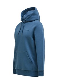 Felpa con cappuccio blu realizzata in tessuto morbido, dotata di tasca a marsupio, chiusura con cordoncino, polsini a costine e ricamo del logo sul petto.