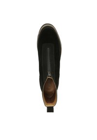 Black suede ankle boot featuring a front zipper, round toe, and light brown sole. Interior is smooth with a tan lining.