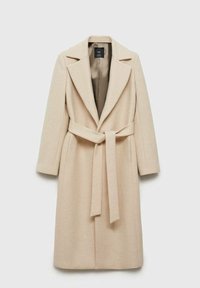 Beige coat with a belted waist, wide lapels, and long sleeves. Made of textured fabric, featuring a concealed front for a streamlined look.