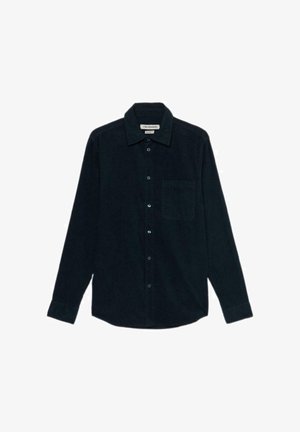 Dunkelnavyfarbendes Cordhemd mit Button-down-Kragen, langen Ärmeln, Brusttasche und hellblauen Knöpfen. Strapazierfähiger Stoff und gerader Saum.