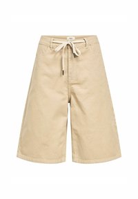 Beiga bomullsshorts med en lös passform, med dragsko i midjan, framfickor och en mjuk textur. Sidsömmar synliga.