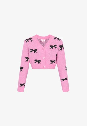 Rosa cropped cardigan med sorte bue mønstre, med V-hals, lange ærmer og tre knapper ned foran. Blødt, tekstureret stof.