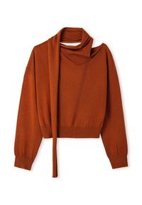 Maglione corto di colore ruggine realizzato in materiale lavorato a maglia, con scollo aperto, maniche lunghe e un design asimmetrico con un dettaglio annodato.