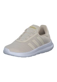 Botte de sport beige avec une tige en maille, système de lacets élastiques, trois rayures sur le côté et une semelle en caoutchouc blanc. Logo "Cloudfoam" à l'arrière.