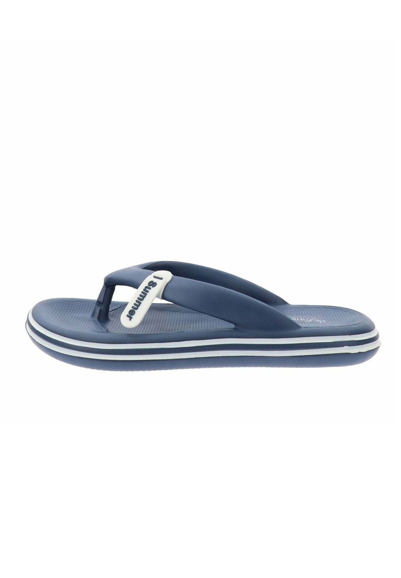 Infradito di colore blu navy con un fondo testurizzato, strisce bianche decorative e un logo bianco sulla cinghia. Design leggero e casual.