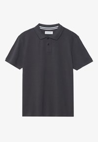 Dark gray polo shirt made of cotton, featuring a classic collar, three-button placket, short sleeves, and side vents for ease of movement.