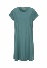 Koftklänning i bomull i teal med korta ärmar, rund halsringning, avslappnad passform och sidofickor för ökad rörelsefrihet. Inga synliga mönster eller detaljer.
