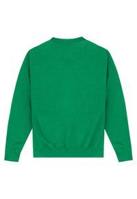 Sudadera de algodón verde con cuello redondo, mangas largas y puños de canalé. Textura suave y dobladillo elástico sin gráficos ni patrones.