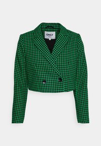 Zielono-czarny blezer w kratę houndstooth, krótki, z podwójnym zapięciem z przodu i klapami, z dwoma czarnymi guzikami i długimi rękawami.