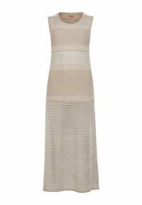 Stickad ärmlös klänning i beige med strukturerade horisontella ränder, med en rundad halsringning och en lång, flödande silhuett.