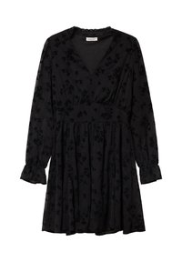 Svart klänning med långa ärmar, V-ringning och blommönster. Har volangärmar och figurnära midja med en utsvängd kjol.