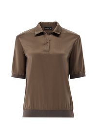 Braunes Poloshirt mit kurzen Ärmeln aus glattem Stoff, mit einer Knopfleiste und elastischen Bündchen sowie Saum.