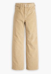 Pantalones vaqueros de pierna ancha en color beige, elaborados en algodón, con un diseño de cintura alta, bolsillos frontales y detalles de costura sutiles.