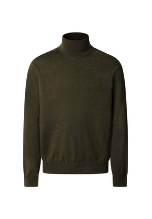 Jersey de cuello alto verde oliva en una suave tela de punto, con mangas largas y un cuello y dobladillo acanalados, que ofrece un ajuste holgado.