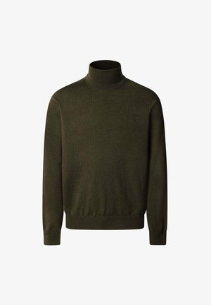 Maglione a collo alto verde oliva in un morbido materiale a maglia, con maniche lunghe e collo e orlo a costine, che offre una vestibilità comoda.