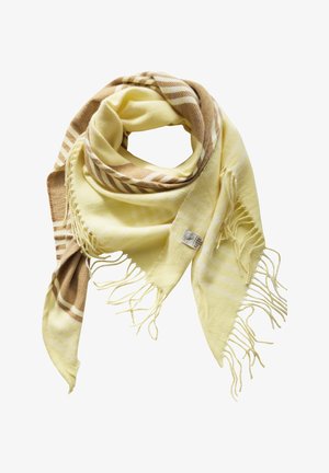 Yellow and brown check-patterned scarf made of soft material, featuring fringed edges and a small tag stitched on.