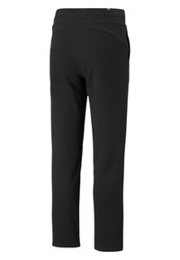 Black pants with a smooth fabric texture, tapered legs, and an elastic waistband. Feature two side pockets and a clean finish at the hems.