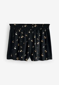 Shorts noirs en tissu doux, avec un motif de cerises dorées et une taille élastique pour plus de confort.