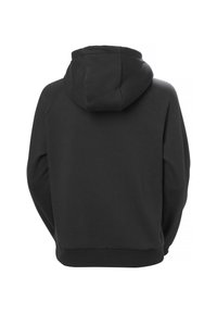 Černá mikina s prostornou kapucí, žebrovanými manžetami a lemem, vyrobena z měkkého materiálu. Disponuje jednoduchým designem a volným střihem.