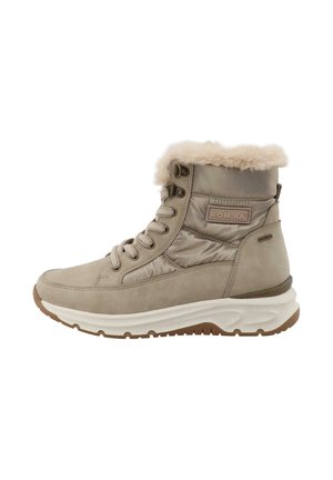 Beige mid-top laarzen met een gewatteerd ontwerp, een met bont omzoomde kraag en textielmaterialen. Voorzien van metalen oogjes en een witte, gegroefde zool.