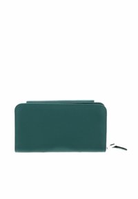 Portefeuille zippé en cuir teal avec texture en relief et petite languette de tirage sur fond blanc.