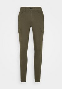 Oliivinvihreät cargo-housut, joissa on slim fit -leikkaus. Niissä on kaksi sivutaskua, vyölenkit, etupainonappi ja sileä pinta.