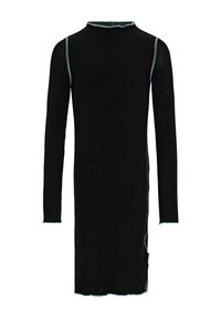 Svart rippad klänning med lång ärm, hög krage och ljusblå sömnadsdetaljer. Har en sidoklyfta och texturerat stickat material.