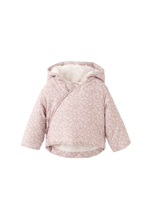 Veste matelassée rose clair avec un motif floral, capuche et doublure en polaire blanche douce. Fermeture enveloppante et manches longues avec ourlet arrondi.