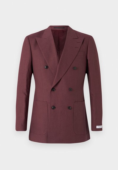 Burgunderfarbener doppelt geknöpfter Blazer aus strukturiertem Stoff, mit zwei vorderen Taschen, spitzen Revers und schwarzen Knöpfen.