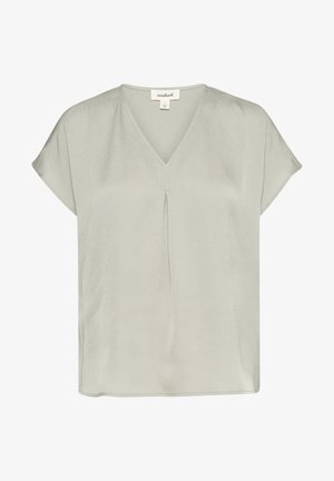 Svijetlo siva bluzica kratkih rukava s V-izrezom i središnjim naborom. Mekana tekstura tkanine, opušteni kroj i ravni rub.