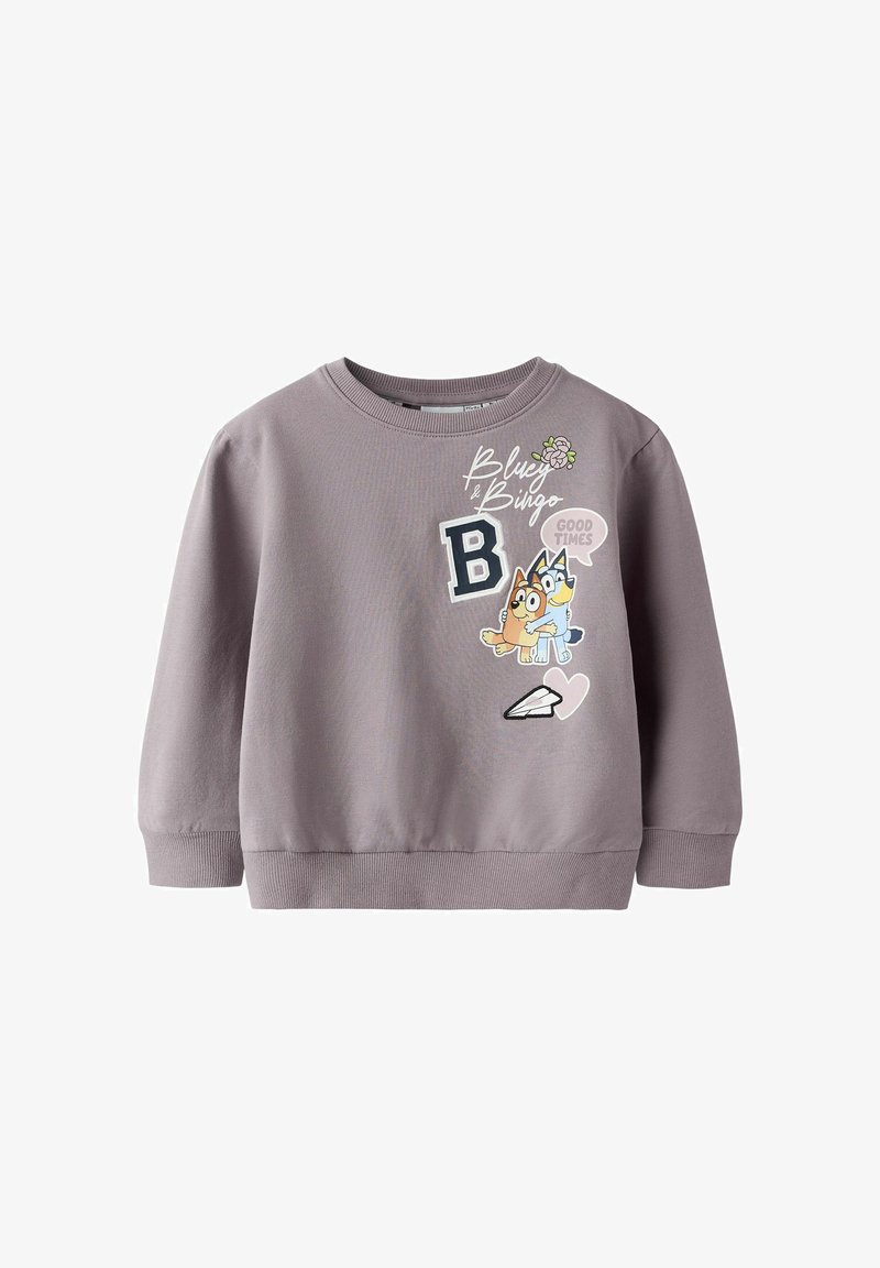 Šedá bavlněná mikina s žebrovaným výstřihem a manžetami. Obsahuje kreslené postavičky Bluey a Bingo s barevnými grafikami a textem.