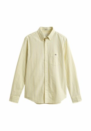 Long-sleeve pale yellow shirt with thin blue vertical stripes, buttoned front, chest pocket with small logo, and button-down collar.