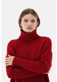 Roter Strickpullover mit hohem Rollkragen, strukturiertem Stoff und gerippten Bündchen. Übergroßer Schnitt mit fallenden Schultern für zusätzlichen Komfort.