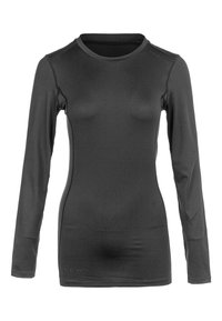 Langärmliges Hemd in Dunkelgrau aus leichtem Synthetikmaterial. Verfügt über einen Rundhalsausschnitt, nahtloses Design und dezente Steppnähte.