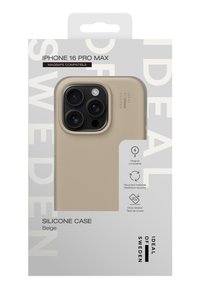 Husă din silicon bej pentru iPhone 16 Pro Max, cu o textură netedă, compatibilitate MagSafe și design testat la cădere, ambalată într-un pachet de marcă.