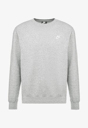 Sudadera gris de mezcla de algodón, con cuello redondo, mangas largas y un pequeño logo blanco de Nike en el lado izquierdo del pecho. Textura suave.