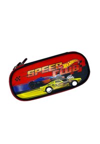 Astuccio con zip con sfondo rosso, bordi neri e grafiche di auto da corsa in giallo, blu e nero. Stampa "SPEED CLUB."