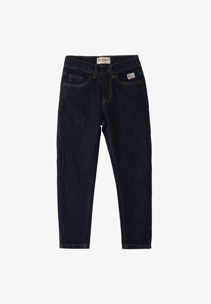 Jean en denim bleu foncé avec une coupe slim, doté de cinq poches, d'une passante de ceinture et de coutures contrastées. Étiquette de marque à l'arrière.