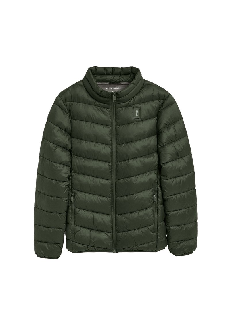 Vadderad grön jacka med hög krage, dragkedja fram och sidofickor; har en kviltad design och subtil logotyp på bröstet.