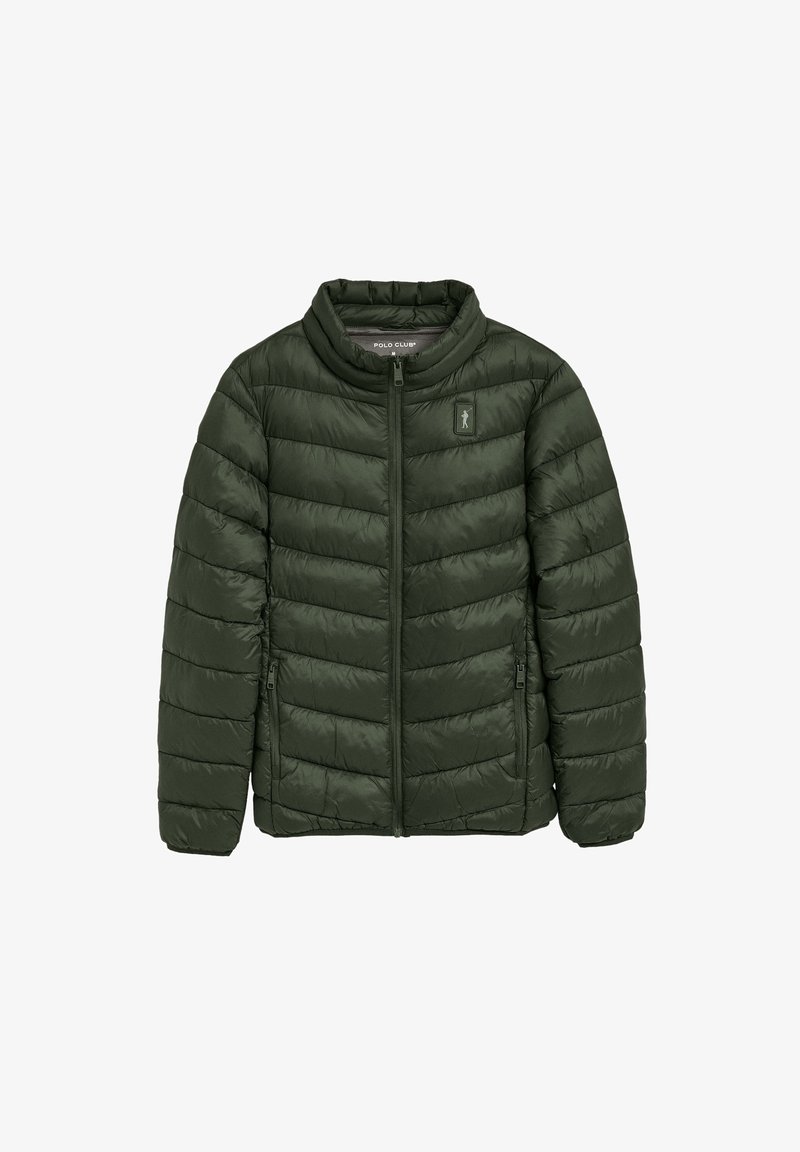 Vadderad grön jacka med hög krage, dragkedja fram och sidofickor; har en kviltad design och subtil logotyp på bröstet.