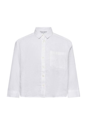 Biała lniana koszula z długim rękawem, kołnierzykiem zapinanym na guziki, z przodu na guziki oraz kieszonką na piersi. Miękka struktura i luźny krój.