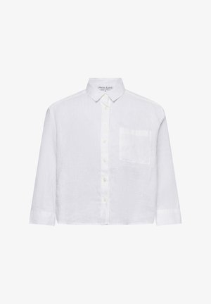 Witte linnen overhemd met lange mouwen, knoopsluiting aan de kraag, knoopsluiting aan de voorkant en een borstzak. Zachte textuur en een ontspannen pasvorm.