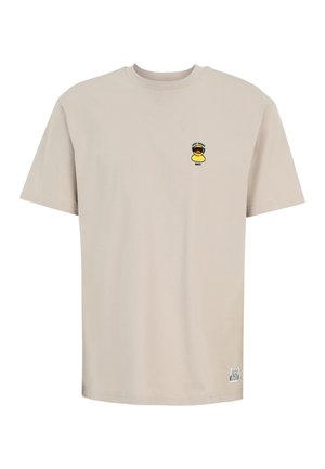 Beige short-sleeve T-shirt with a small yellow rubber duck wearing sunglasses and text "Lazy Sunny Days" on the left chest.